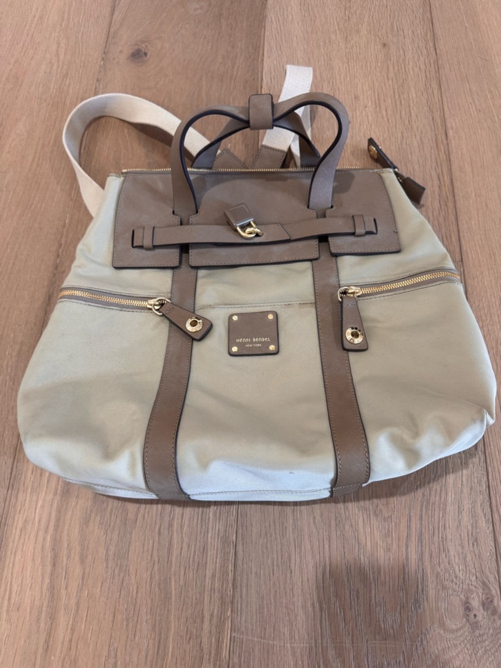 henri bendel beige and taupe convertible backpack tote